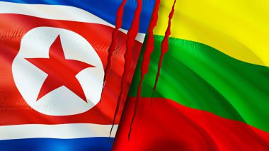 Kuzey Kore ve Litvanya yara izi olan bayraklar. Dalgalanan bayrak, 3 boyutlu görüntüleme. Kuzey Kore ve Litvanya çatışma konsepti. Kuzey Kore Litvanya ilişkileri kavramı. Kuzey Kore ve Litvanya bayrağı