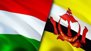 Macaristan ve Brunei bayrakları. 3 boyutlu dalgalanan bayrak tasarımı. Macaristan Brunei bayrağı, resim, duvar kağıdı. Macaristan Brunei 'ye karşı, görüntü 3 boyutlu. Macaristan Brunei ilişkileri ittifak ve ticaret, seyahat, turizm konsepti