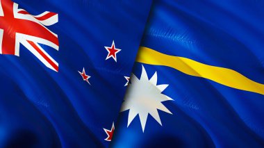 Yeni Zelanda ve Nauru bayrakları. 3 boyutlu dalgalanan bayrak tasarımı. Yeni Zelanda Nauru bayrağı, resim, duvar kağıdı. Yeni Zelanda, Nauru 'ya karşı, 3 boyutlu görüntü. Yeni Zelanda Nauru ilişkileri savaş ittifakı kavramı. Ticaret.