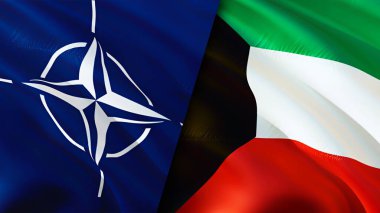 NATO ve Kuveyt bayrakları. 3 boyutlu dalgalanan bayrak tasarımı. Kuveyt NATO bayrağı, resim, duvar kağıdı. NATO Kuveyt 'e karşı, görüntü 3 boyutlu. NATO Kuveyt ilişkileri ittifak ve ticaret, seyahat, turizm konsepti