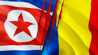 Kuzey Kore ve Romanya yara izi kavramına sahip bayraklar. Dalgalanan bayrak, 3 boyutlu görüntüleme. Kuzey Kore ve Romanya çatışma konsepti. Kuzey Kore Romanya ilişkileri kavramı. Kuzey Kore ve Romani bayrağı