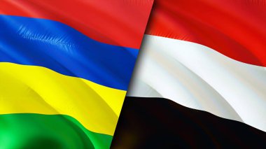Mauritius ve Yemen bayrakları. 3 boyutlu dalgalanan bayrak tasarımı. Mauritius Yemen bayrağı, resim, duvar kağıdı. Mauritius, Yemen 'e karşı, görüntü 3 boyutlu. Mauritius Yemen ilişkileri ittifak ve ticaret, seyahat, turizm konsepti
