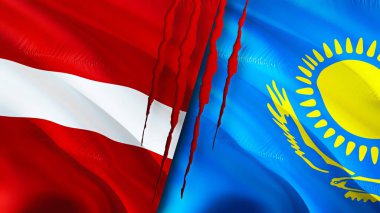 Letonya ve Kazakistan yara izi olan bayraklar. Dalgalanan bayrak, 3 boyutlu görüntüleme. Letonya ve Kazakistan çatışma konsepti. Letonya Kazakistan ilişkileri kavramı. Letonya ve Kazakistan bayrağı krizi, savaş, attac