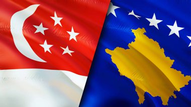 Singapur ve Kosova bayrakları. 3 boyutlu dalgalanan bayrak tasarımı. Singapur Kosova bayrağı, resim, duvar kağıdı. Singapur, Kosova 'nın imajına karşı, 3D görüntüleme. Singapur Kosova ilişkileri ittifak ve Ticaret, seyahat, turnuva