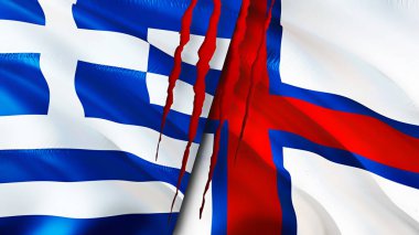 Yunanistan ve Faroe Adaları yara izi kavramına sahip bayraklar. Dalgalanan bayrak, 3 boyutlu görüntüleme. Yunanistan ve Faroe Adaları çatışma konsepti. Yunanistan Faroe Adaları ilişkileri kavramı. Yunanistan ve Faroe Adaları bayrağı