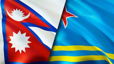 Nepal ve Aruba bayrakları. 3 boyutlu dalgalanan bayrak tasarımı. Nepal Aruba bayrağı, resim, duvar kağıdı. Nepal, Aruba 'ya karşı, görüntü 3 boyutlu. Nepal Aruba ilişkileri ittifak ve ticaret, seyahat, turizm konsepti