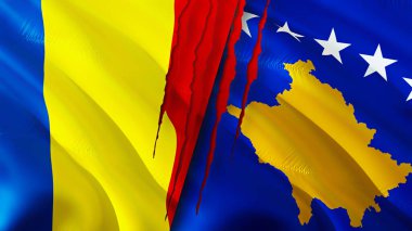 Romanya ve Kosova yara izi kavramına sahip bayraklar. Dalgalanan bayrak, 3 boyutlu görüntüleme. Romanya ve Kosova ihtilaf kavramı. Romanya Kosova ilişkileri kavramı. Romanya bayrağı ve Kosova krizi, savaş, saldırı konsepti