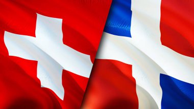 İsviçre ve Dominik Cumhuriyeti bayrakları. 3 boyutlu dalgalanan bayrak tasarımı. İsviçre Dominik Cumhuriyeti bayrağı, resim, duvar kağıdı. İsviçre, Dominik Cumhuriyeti 'ne karşı, görüntü 3 boyutlu. İsviçre Dominica