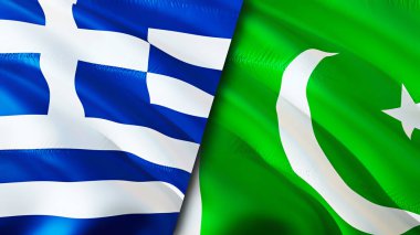 Yunanistan ve Pakistan bayrakları. 3 boyutlu dalgalanan bayrak tasarımı. Yunanistan Pakistan bayrağı, resim, duvar kağıdı. Yunanistan Pakistan 'a karşı, görüntü 3 boyutlu. Yunanistan Pakistan ilişkileri ittifak ve ticaret, seyahat ve turizm konsepti