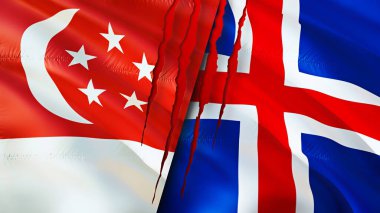 Singapur ve İzlanda bayrakları ve yara izi konsepti. Dalgalanan bayrak, 3 boyutlu görüntüleme. Singapur ve İzlanda çatışma konsepti. Singapur İzlanda ilişkileri kavramı. Singapur bayrağı ve İzlanda krizi, savaş, attac