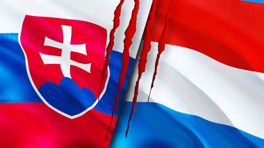 Slovakya ve Lüksemburg bayrakları ve yara izi konsepti. Dalgalanan bayrak, 3 boyutlu görüntüleme. Slovakya ve Lüksemburg çatışma konsepti. Slovakya Lüksemburg ilişkileri kavramı. Slovakya ve Lüksembol bayrağı