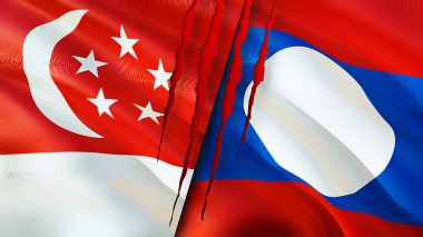 Yara izi olan Singapur ve Laos bayrakları. Dalgalanan bayrak, 3 boyutlu görüntüleme. Singapur ve Laos çatışma konsepti. Singapur Laos ilişkileri kavramı. Singapur ve Laos bayrağı krizi, savaş, saldırı konsepti