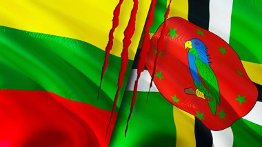 Yara izi olan Litvanya ve Dominica bayrakları. Dalgalanan bayrak, 3 boyutlu görüntüleme. Litvanya ve Dominica çatışma konsepti. Litvanya Dominika ilişkileri kavramı. Litvanya bayrağı ve Dominika krizi, savaş