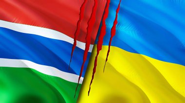 Gambiya ve Ukrayna bayraklarında yara izi var. Dalgalanan bayrak, 3 boyutlu görüntüleme. Gambiya ve Ukrayna çatışma konsepti. Gambiya Ukrayna ilişkileri kavramı. Gambiya ve Ukrayna bayrağı krizi, savaş, saldırı konsepti