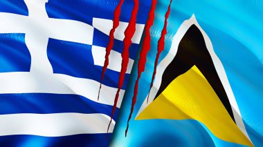Yunanistan ve Saint Lucia yara izi kavramına sahip bayraklar. Dalgalanan bayrak, 3 boyutlu görüntüleme. Yunanistan ve Saint Lucia çatışma konsepti. Yunanistan Saint Lucia ilişkileri kavramı. Yunanistan bayrağı ve Saint Lucia krizi, savaş