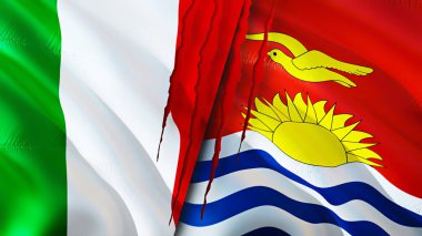 İtalya ve Kiribati yara izi kavramına sahip bayraklar. Dalgalanan bayrak, 3 boyutlu görüntüleme. İtalya ve Kiribati çatışma konsepti. İtalya Kiribati ilişkileri kavramı. İtalya bayrağı ve Kiribati krizi, savaş, saldırı konsepti