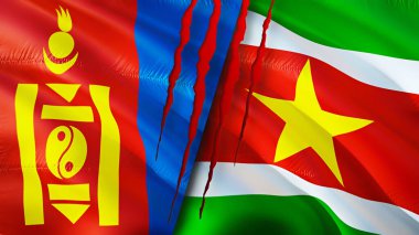Yara izi olan Moğolistan ve Surinam bayrakları. Dalgalanan bayrak, 3 boyutlu görüntüleme. Moğolistan ve Surinam çatışma konsepti. Moğolistan Surinam ilişkileri kavramı. Moğolistan bayrağı ve Surinam krizi, savaş, attac