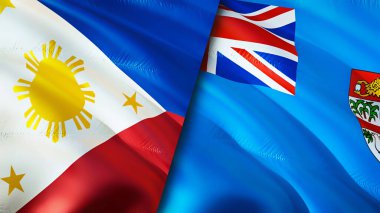 Filipinler ve Fiji bayrakları. 3 boyutlu dalgalanan bayrak tasarımı. Filipinler Fiji bayrağı, resim, duvar kağıdı. Filipinler Fiji 'ye karşı, görüntü 3D. Filipinler Fiji ilişkileri ittifak ve ticaret, seyahat, turnuva