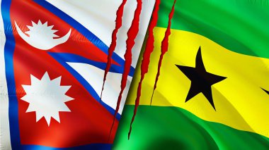 Nepal ve Sao Tome ve Principe bayrakları yara izi konseptiyle. Dalgalanan bayrak, 3 boyutlu görüntüleme. Nepal ve Sao Tome ve Principe çatışma konsepti. Nepal Sao Tome ve Principe ilişkileri kavramı. Nepal bayrağı