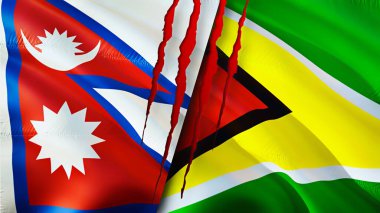 Yara izi olan Nepal ve Guyana bayrakları. Dalgalanan bayrak, 3 boyutlu görüntüleme. Nepal ve Guyana çatışma konsepti. Nepal Guyana ilişkileri kavramı. Nepal ve Guyana krizi bayrağı, savaş, saldırı konsepti