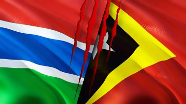 Gambiya ve Doğu Timor bayraklarında yara izi var. Dalgalanan bayrak, 3 boyutlu görüntüleme. Gambiya ve Doğu Timor çatışma konsepti. Gambiya Doğu Timor ilişkileri kavramı. Gambiya bayrağı ve Doğu Timor krizi, savaş, attac