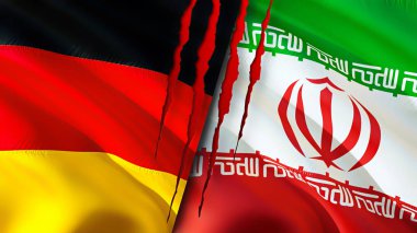 Almanya ve İran yara izi kavramına sahip bayraklar. Dalgalanan bayrak, 3 boyutlu görüntüleme. Almanya ve İran çatışma konsepti. Almanya İran ilişkileri kavramı. Almanya ve İran bayrağı krizi, savaş, saldırı konsepti