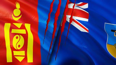 Yara izi olan Moğolistan ve Montserrat bayrakları. Dalgalanan bayrak, 3 boyutlu görüntüleme. Moğolistan ve Montserrat çatışma konsepti. Moğolistan Montserrat ilişkileri kavramı. Moğolistan ve Montserra bayrağı