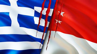 Yunanistan ve Singapur bayraklarında yara izi var. Dalgalanan bayrak, 3 boyutlu görüntüleme. Yunanistan ve Singapur çatışma konsepti. Yunanistan Singapur ilişkileri kavramı. Yunanistan bayrağı ve Singapur krizi, savaş, attac