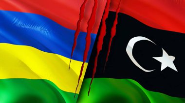 Mauritius ve Libya bayraklarında yara izi var. Dalgalanan bayrak, 3 boyutlu görüntüleme. Mauritius ve Libya çatışma konsepti. Mauritius Libya ilişkileri kavramı. Mauritius bayrağı ve Libya krizi, savaş, saldırı konsepti