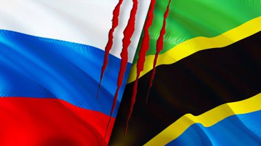 Rusya ve Tanzanya yara izi olan bayraklar. Dalgalanan bayrak, 3 boyutlu görüntüleme. Rusya ve Tanzanya çatışma konsepti. Rusya Tanzanya ilişkileri kavramı. Rusya ve Tanzanya bayrağı krizi, savaş, saldırı konsepti