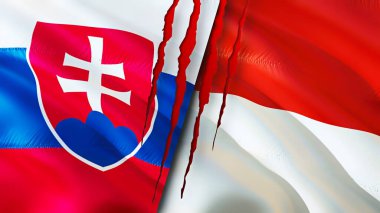 Slovakya ve Endonezya yara izi olan bayraklar. Dalgalanan bayrak, 3 boyutlu görüntüleme. Slovakya ve Endonezya çatışma konsepti. Slovakya Endonezya ilişkileri kavramı. Slovakya bayrağı ve Endonezya krizi, savaş