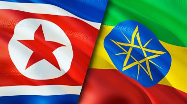 Kuzey Kore ve Etiyopya bayrakları. 3 boyutlu dalgalanan bayrak tasarımı. Kuzey Kore Etiyopya bayrağı, resim, duvar kağıdı. Kuzey Kore Etiyopya 'ya karşı, görüntü 3 boyutlu. Kuzey Kore Etiyopya ilişkileri