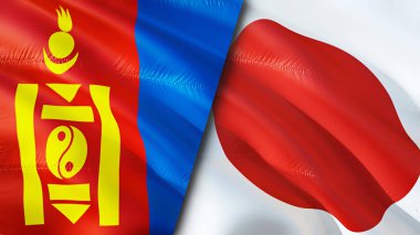 Moğolistan ve Japonya bayrakları. 3 boyutlu dalgalanan bayrak tasarımı. Moğolistan Japonya bayrağı, resim, duvar kağıdı. Moğolistan, Japon imajına karşı, 3 boyutlu canlandırma. Moğolistan Japonya ilişkileri ittifak ve ticaret, seyahat, turizm konsepti
