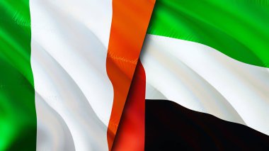İrlanda ve Birleşik Arap Emirlikleri bayrakları. 3 boyutlu dalgalanan bayrak tasarımı. İrlanda Birleşik Arap Emirlikleri bayrağı, resmi, duvar kağıdı. İrlanda, Birleşik Arap Emirlikleri 'ne karşı. Görüntü 3 boyutlu. İrlanda Birleşik Arap Emirliği