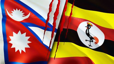 Yara izi olan Nepal ve Uganda bayrakları. Dalgalanan bayrak, 3 boyutlu görüntüleme. Nepal ve Uganda çatışma konsepti. Nepal Uganda ilişkileri kavramı. Nepal ve Uganda krizi bayrağı, savaş, saldırı konsepti