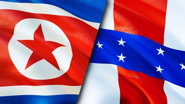 Kuzey Kore ve Hollanda Antilleri bayrakları. 3 boyutlu dalgalanan bayrak tasarımı. Kuzey Kore Hollanda Antilleri bayrağı, resmi, duvar kağıdı. Kuzey Kore, Hollanda Antilleri 'ne karşı. Görüntü 3D. Kuzey Kore