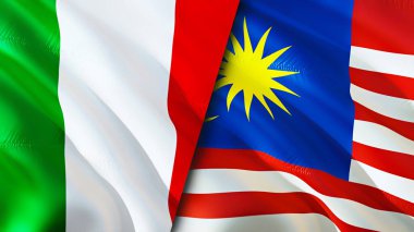 İtalya ve Malezya bayrakları. 3 boyutlu dalgalanan bayrak tasarımı. İtalya Malezya bayrağı, resim, duvar kağıdı. İtalya, Malezya 'ya karşı, görüntü 3 boyutlu. İtalya Malezya ilişkileri ittifak ve ticaret, seyahat, turizm konsepti