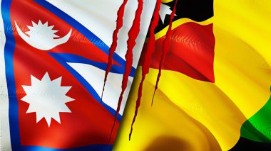 Nepal ve Nevis Adası bayraklarında yara izi var. Dalgalanan bayrak, 3 boyutlu görüntüleme. Nepal ve Nevis Adası çatışma konsepti. Nepal Nevis Adası ilişkileri kavramı. Nepal ve Nevis Adası krizi bayrağı, savaş
