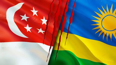 Yara izi olan Singapur ve Ruanda bayrakları. Dalgalanan bayrak, 3 boyutlu görüntüleme. Singapur ve Ruanda çatışma konsepti. Singapur Ruanda ilişkileri kavramı. Singapur bayrağı ve Ruanda krizi, savaş, attac