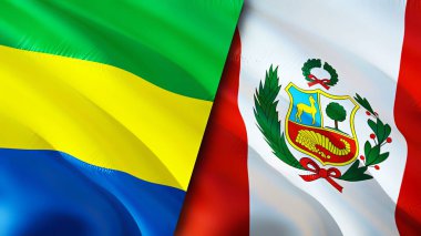 Gabon ve Peru bayrakları. 3 boyutlu dalgalanan bayrak tasarımı. Gabon Peru bayrağı, resim, duvar kağıdı. Gabon, Peru 'ya karşı, görüntü 3 boyutlu. Gabon Peru ilişkileri ittifak ve ticaret, seyahat, turizm konsepti