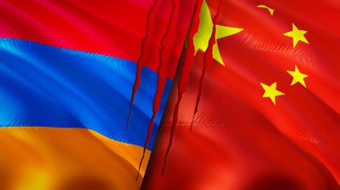 Yara izi olan Ermenistan ve Çin bayrakları. Dalgalanan bayrak, 3 boyutlu görüntüleme. Ermenistan ve Çin çatışma konsepti. Ermenistan Çin ilişkileri kavramı. Ermenistan bayrağı ve Çin krizi, savaş, saldırı konsepti