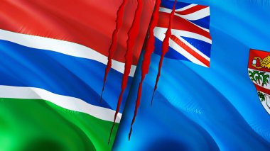 Gambiya ve Fiji bayrakları yara izi konseptiyle. Dalgalanan bayrak, 3 boyutlu görüntüleme. Gambiya ve Fiji çatışma konsepti. Gambiya Fiji ilişkileri kavramı. Gambiya bayrağı ve Fiji krizi, savaş, saldırı konsepti