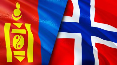 Moğolistan ve Norveç bayrakları. 3 boyutlu dalgalanan bayrak tasarımı. Moğolistan Norveç bayrağı, resim, duvar kağıdı. Moğolistan Norveç 'e karşı, görüntü 3 boyutlu. Moğolistan Norveç ilişkileri ittifak ve ticaret, seyahat, turizm konsepti