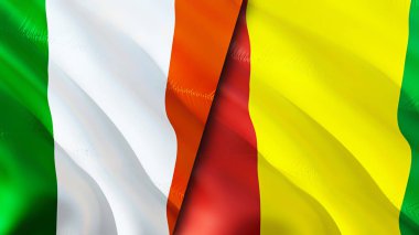 İrlanda ve Gine bayrakları. 3 boyutlu dalgalanan bayrak tasarımı. İrlanda Gine bayrağı, resim, duvar kağıdı. İrlanda vs Gine imajı, 3D görüntüleme. İrlanda Gine ilişkileri savaş ittifakı kavramı. Ticaret, turizm konsepti.
