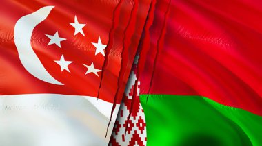 Yara izi olan Singapur ve Belarus bayrakları. Dalgalanan bayrak, 3 boyutlu görüntüleme. Singapur ve Belarus çatışma konsepti. Singapur Belarus ilişkileri kavramı. Singapur bayrağı ve Belarus krizi, savaş, attac