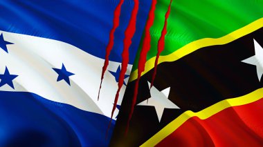 Honduras, Saint Kitts ve yara izi olan Nevis bayrakları. 3D bayrak sallama. Honduras ve Saint Kitts ve Nevis çatışma konsepti. Honduras Saint Kitts ve Nevis ilişkileri kavramı. bayrak o