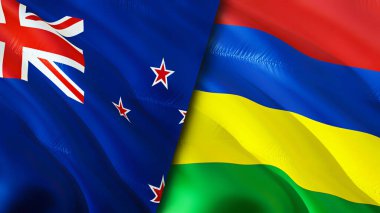 Yeni Zelanda ve Mauritius bayrakları. 3 boyutlu dalgalanan bayrak tasarımı. Yeni Zelanda Mauritius bayrağı, resim, duvar kağıdı. Yeni Zelanda, Mauritius 'a karşı, görüntü 3 boyutlu. Yeni Zelanda Mauritius ilişkileri savaş ittifakı