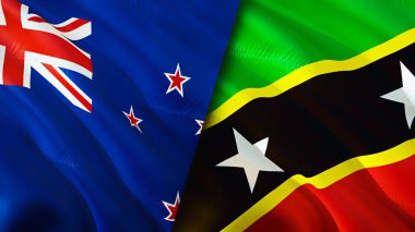 Yeni Zelanda, Saint Kitts ve Nevis bayrakları. 3 boyutlu dalgalanan bayrak tasarımı. Yeni Zelanda Saint Kitts ve Nevis bayrağı, resim, duvar kağıdı. Yeni Zelanda, Saint Kitts ve Nevis 'e karşı, görüntü 3 boyutlu. Yeni Zelanda