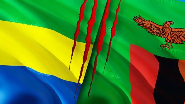 Gabon ve Zambiya yara izi olan bayraklar. Dalgalanan bayrak, 3 boyutlu görüntüleme. Gabon ve Zambiya çatışma konsepti. Gabon Zambiya ilişkileri kavramı. Gabon ve Zambiya bayrağı krizi, savaş, saldırı konsepti