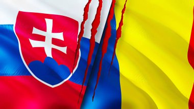 Slovakya ve Romanya yara izi kavramına sahip bayraklar. Dalgalanan bayrak, 3 boyutlu görüntüleme. Slovakya ve Romanya ihtilaf kavramı. Slovakya Romanya ilişkileri kavramı. Slovakya ve Romanya bayrağı kriz, savaş, attac